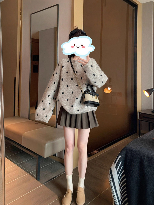 秋冬新款韩系慵懒风套头圆领毛衣女宽松百搭波点文艺针织上衣外穿|undefined