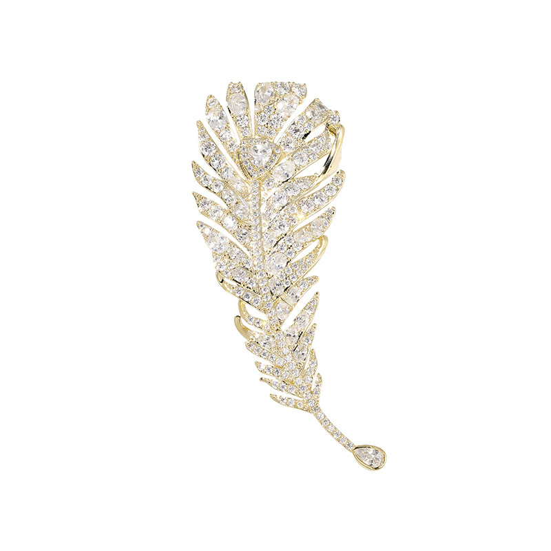Spilla di lusso con piuma in zircone intarsiato in rame Spilla per abito Accessori per spille_voghion.com