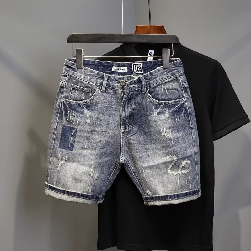 Denim Shorts Men's Summer Thin Loose Cropped Korean Style Trendy Breeches Ripped Casual Trendy Brand Cropped Medium Pants