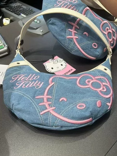 Hellokitty Denim Embroidered Underarm Bag Crossbody Bag Women's 2025 Summer New Horn Bag Women's Denim Bag
