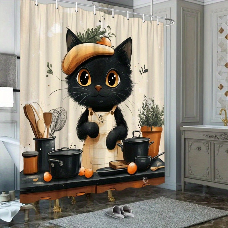 Amazon Cross-Border E-Commerce Black Cat Chef Shower Curtain Easy Cartoon Kitchen Design Usa Europe North America