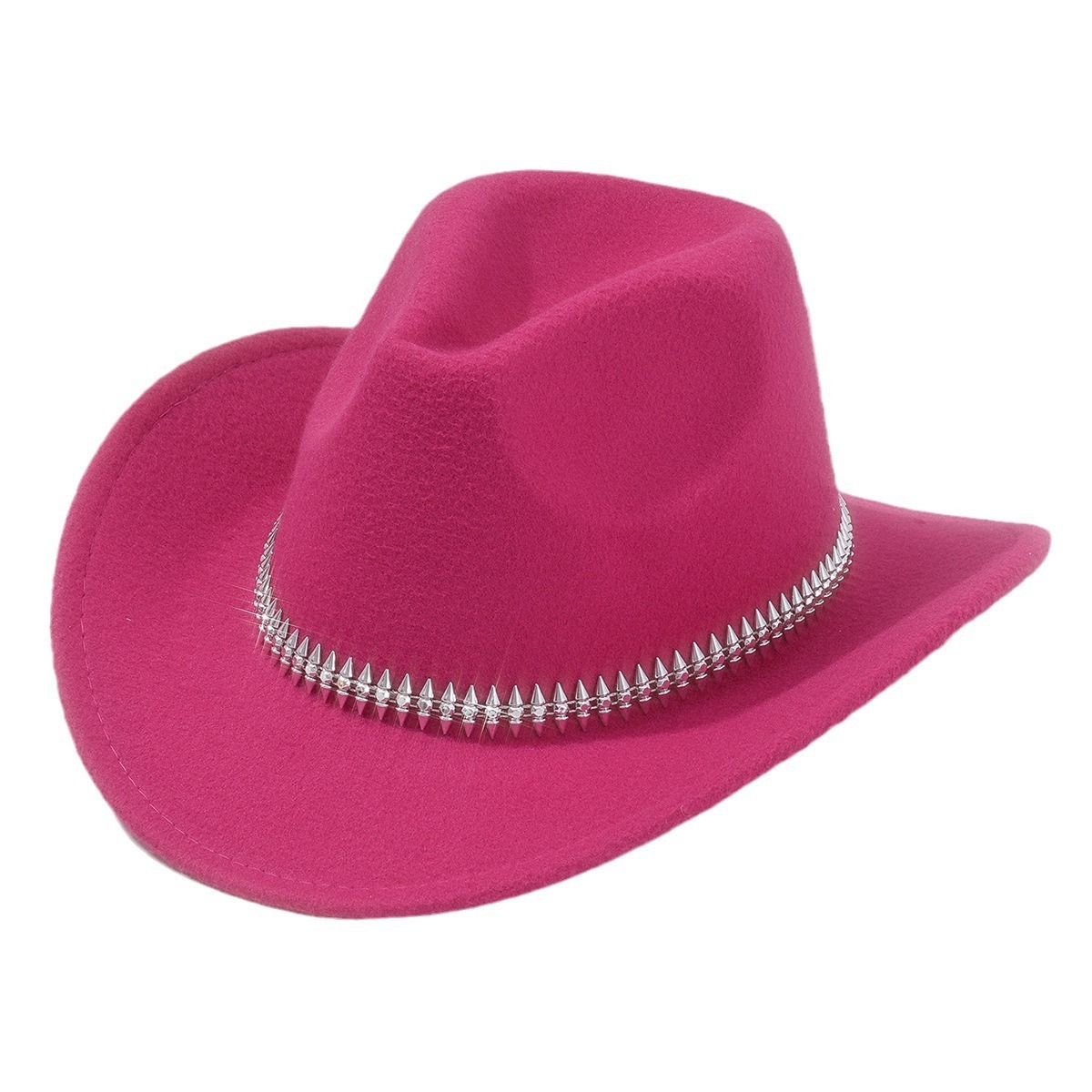 Cappello da cowboy in feltro bianco da donna con borchie a spina di pesce, accessorio trendy per feste, spettacoli di moto e fotografia._voghion.com