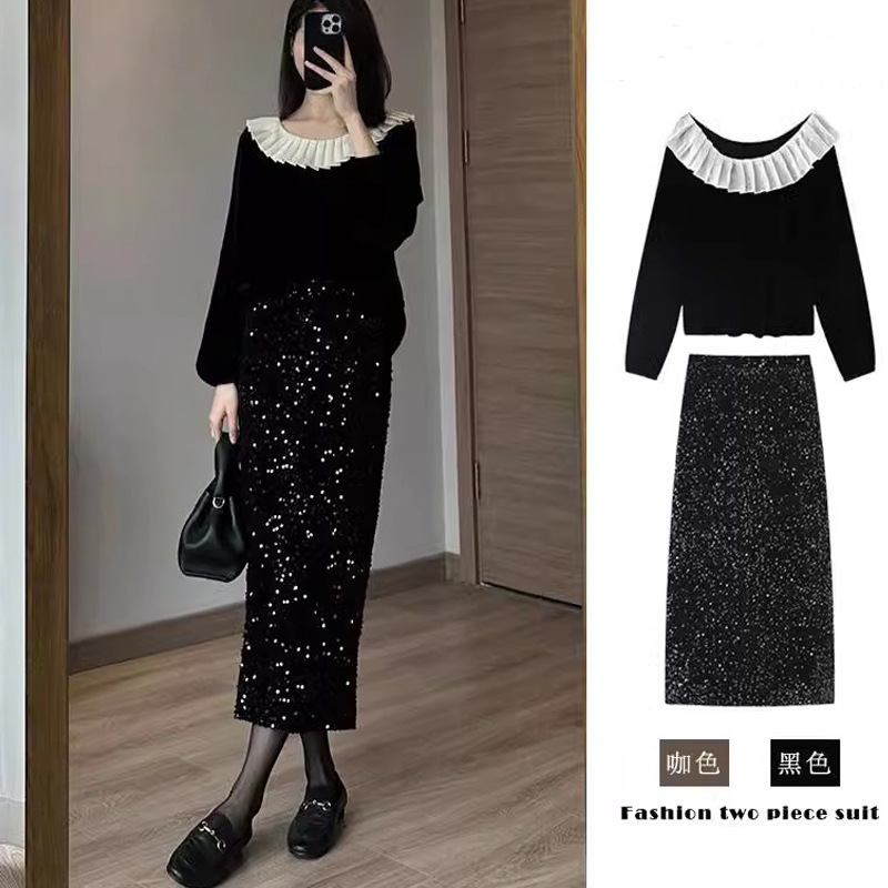 小香风黑色金丝绒连衣裙女秋款欧货穿搭一整套新年过年战袍两件套
