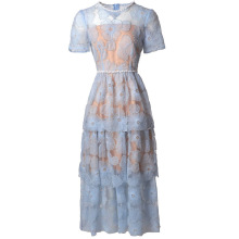 重工立体花钉珠圆领短袖层叠蛋糕米色网纱连衣裙欧美女装夏2025