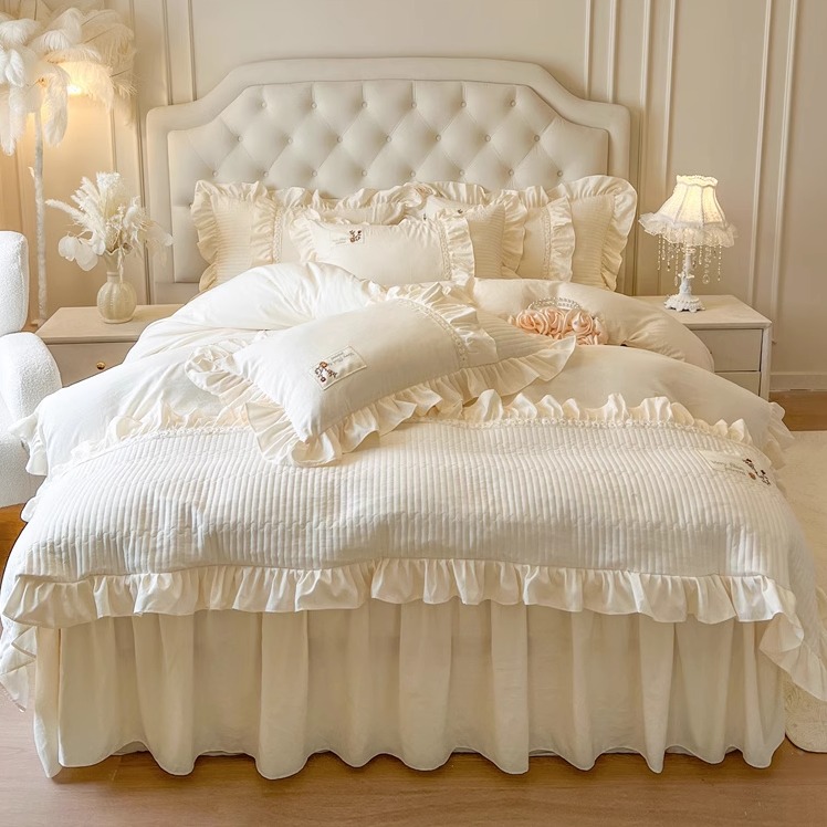 Cross-Border French Light Luxury High-End Princess Cream Style Bed Skirt Four-Piece Set for Girls Lace Pure Cotton Quilt Cover Bedding