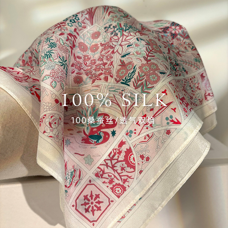 Luxury Monet Garden Double Crepe Pure Silk Scarf For Women - Spring/Summer Versatile Mulberry Silk Square Neck Scarf