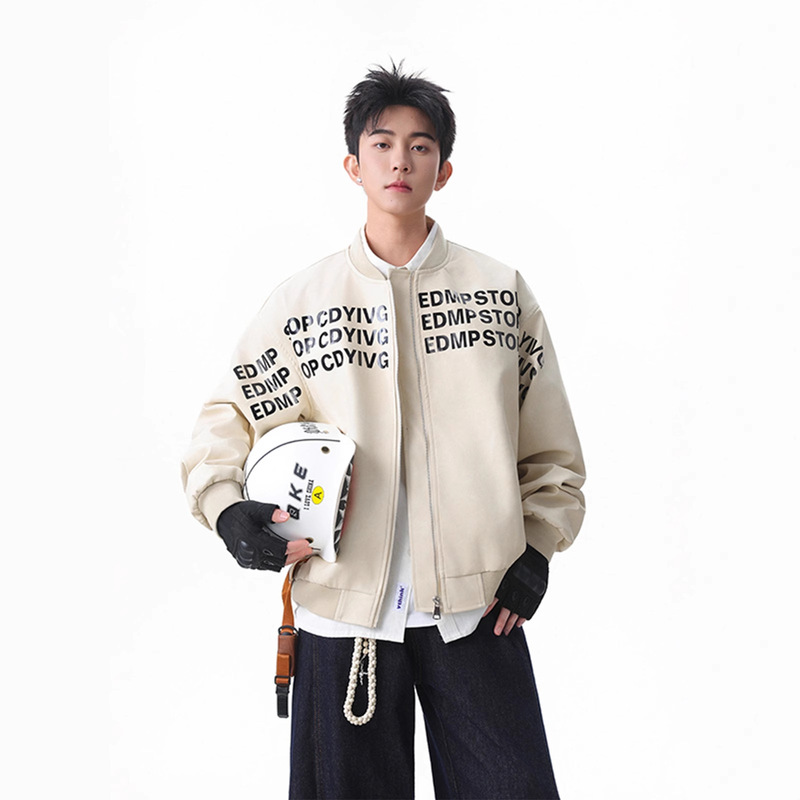 美式字母印花棒球服皮衣外套男款潮牌秋季宽松设计感痞帅pu皮夹克|undefined