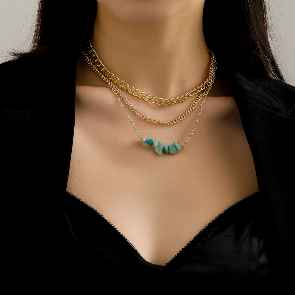 Fashion Geometric Metal Layered Natural Stone Necklace