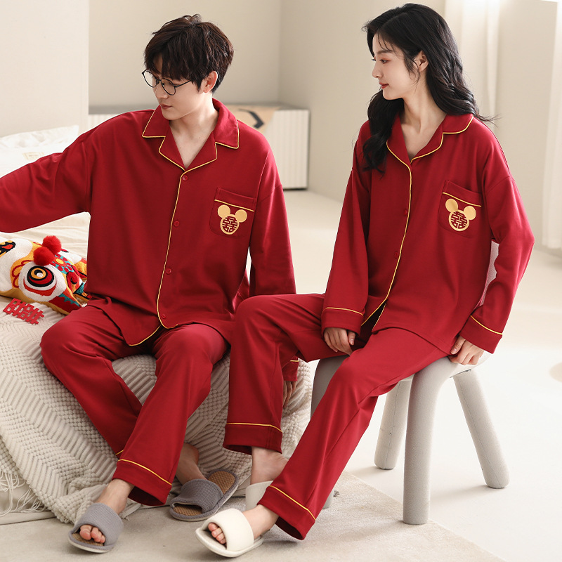 Pijamas de pareja traje de manga larga rojo Algodón mujer primavera y otoño boda de los hombres Otoño e Invierno año de nacimiento homewear