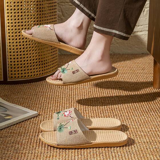 Summer New Chinese Style National Style Linen Slippers Women's Home Non-slip Indoor Cotton and Linen Embroidered Home Couple's Sandals and Slippers for Men