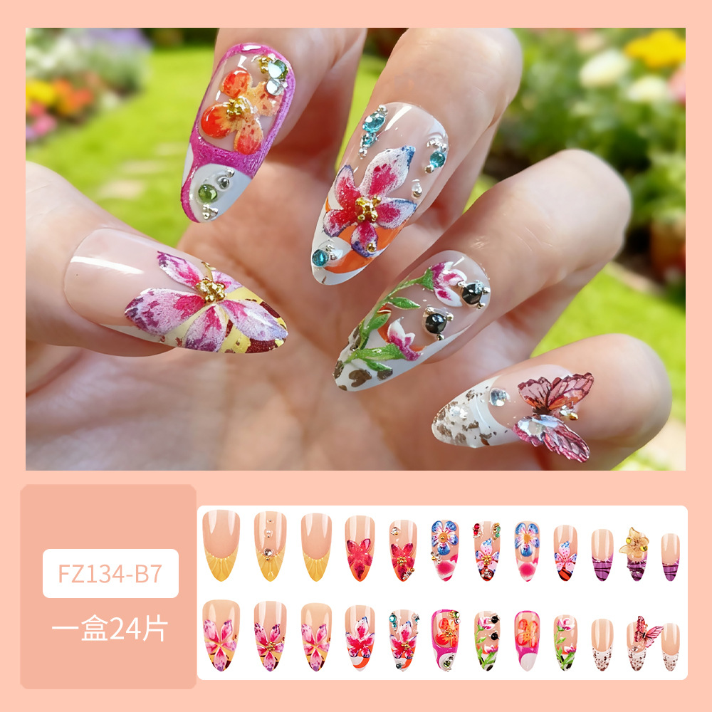 Transfronteriza venta en caliente perforación en relieve manicuras flores mariposa danza desgaste de uñas almendras 24 piezas parches de uñas franceses image 3