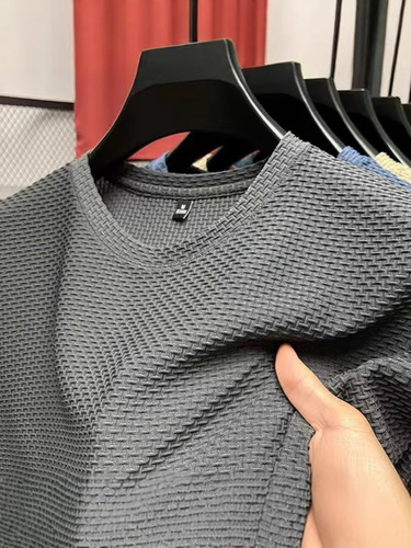 Original thin bamboo node ice silk men's short sleeve summer elastic slim fit comfortable cool feeling top casual trendy
