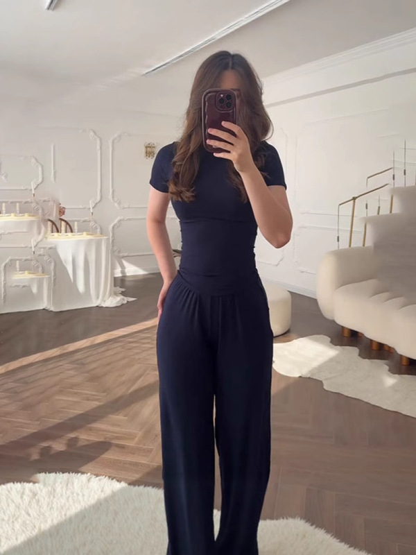 2025 ヨーロッパとアメリカのクロスボーダー婦人服新しいラウンドネックスリムカジュアル多用途ルーズストレッチワイドレッグパンツファッションスーツ|undefined