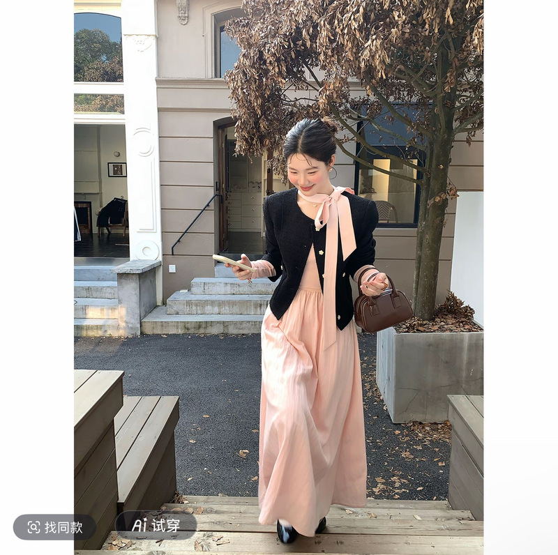 火火火小香风外套奶霜桃桃韩系大圆领温柔四色打底甜美收腰连衣裙|undefined
