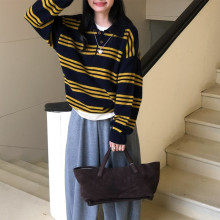 复古条纹毛衣女2025秋新款长袖polo领休闲宽松慵懒风百搭针织上衣