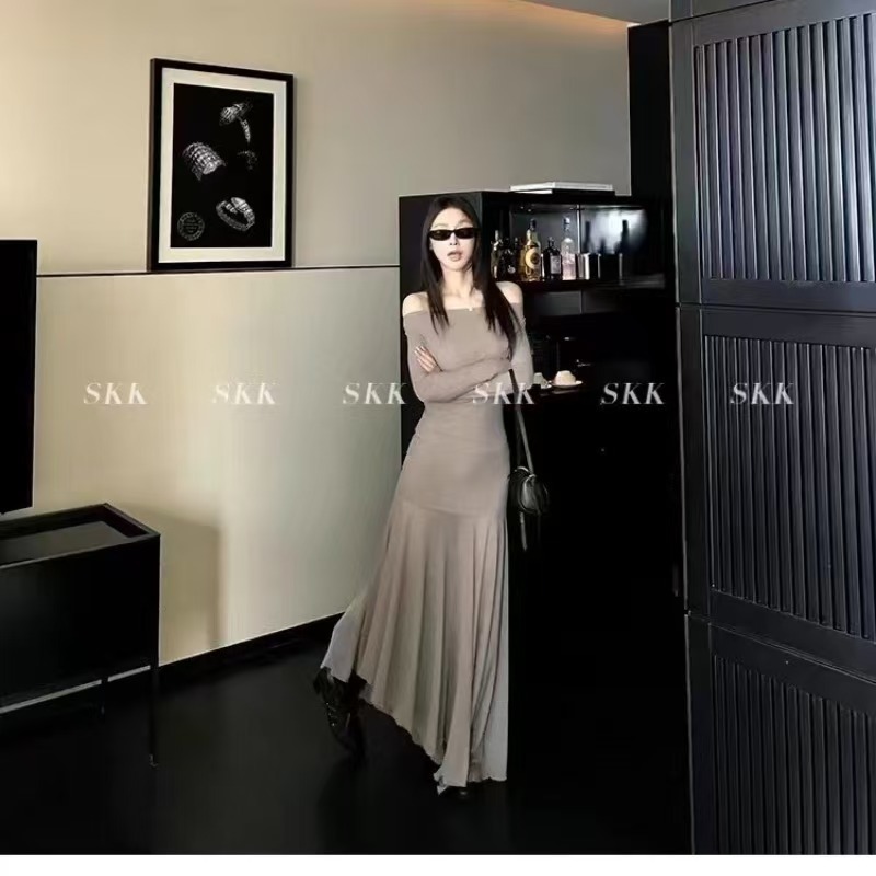 Skk Store jennie同款Lem*风弹力微透不规则修身长袖连衣裙女秋夏|undefined