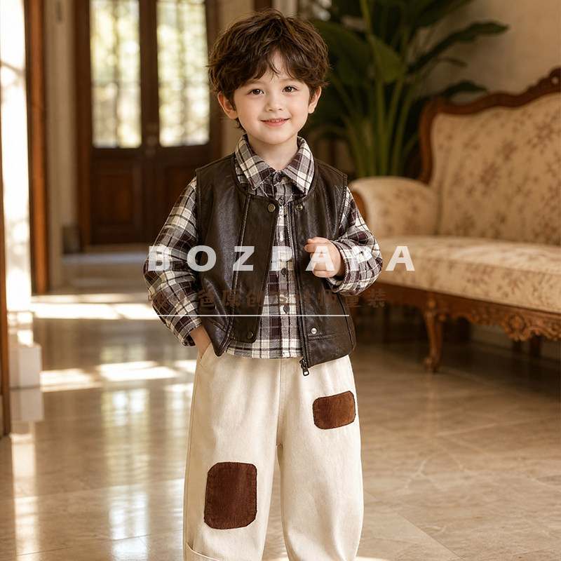 2026 Spring/Autumn New Style Boys' Round Neck Vest, Single-Breasted, 3D Pocket Leather Vest
