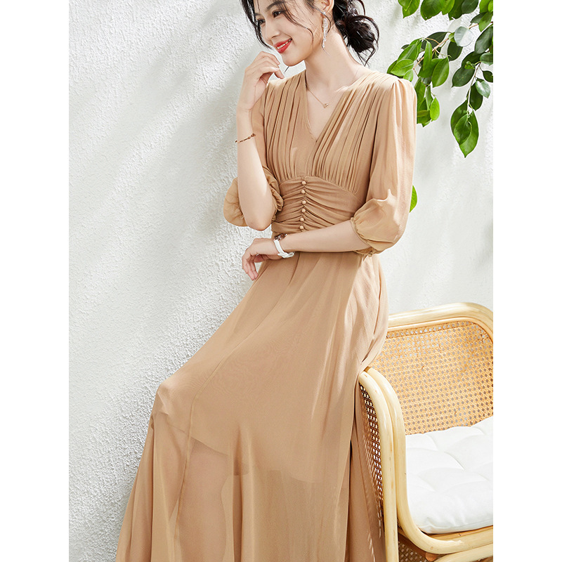 Heavy Silk Dress for Women, 2026 Summer New High-End Solid Color Waist-Cinching Elegant Slimming Mulberry Silk Long Dress for Women