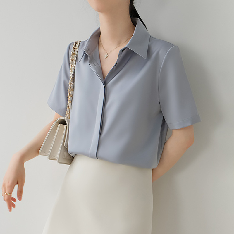 High-grade dark placket satin summer gray blue shirt design niche loose all-match commuter professional top