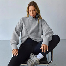 欧美跨境外贸女装休闲宽松高领拼接斜拉链不规则纯色卫衣套头外套