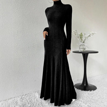 欧美跨境亚马逊2025春秋新款气质高级感连衣裙高领丝绒礼服长裙女