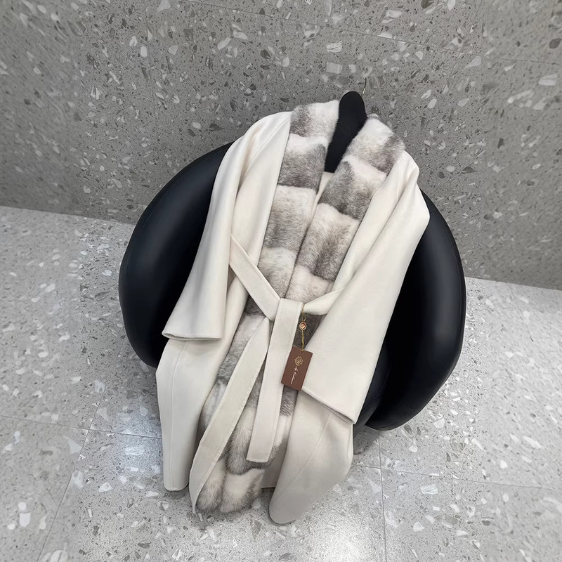 2025 Autumn and Winter New Model Lp Same Style Off-White Cross-Pattern Mink Fur Long Lace-Up Double-Sided Cashmere Coat 2025 Autumn and Winter New Model Lp Same Style Off-White Cross-Pattern Mink Fur Long Lace-Up Double-Sided Cashmere Coat