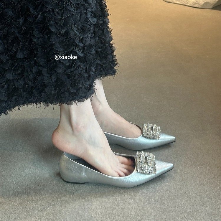 Fairy Style Rhinestone Suede Frosted Elegant Small Flats for Women 2025 Autum New Versatile Thick Heel Pointed Toe Flats