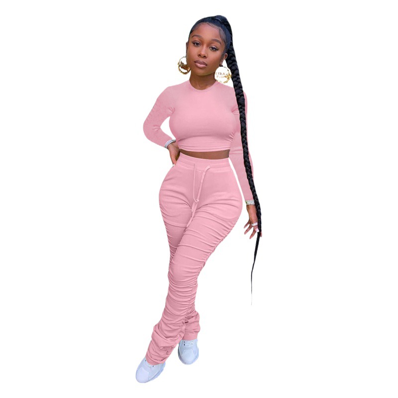 Amazon transfronterizo Comercio exterior nueva ropa de mujer europeo y americano nuevo cuello redondo manga larga Top Slim pantalones conjunto de dos piezas de color sólido