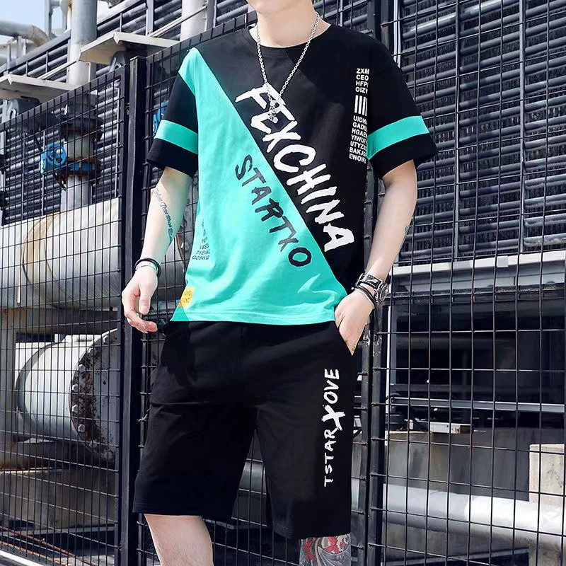 Мужской летний костюм-футболка с короткими рукавами, Новый модный тренд с контрастным цветным принтом, корейский Повседневный Спортивный комплект из двух предметов больших размеров