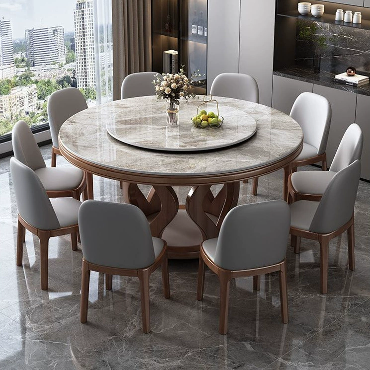 Комбинация обеденного стола и стула из сланца, современный простой легкий роскошный бытовой круглый обеденный стол для маленькой квартиры из цельного дерева с поворотным столом