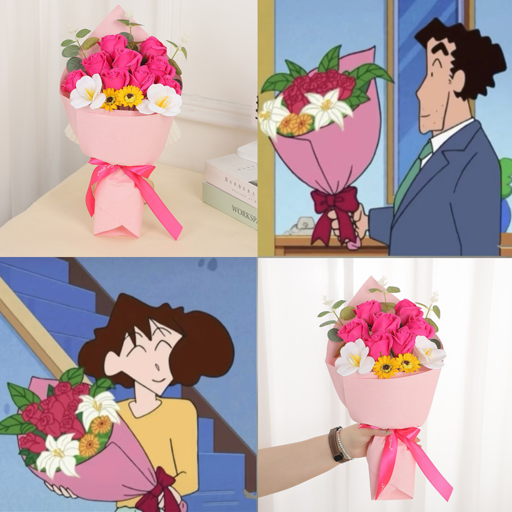 Crayon Shin-chan Guangzhi envía a Meiya el mismo ramo de flores de rosas terminado sosteniendo flores de jabón 520 regalo del Día de la Madre