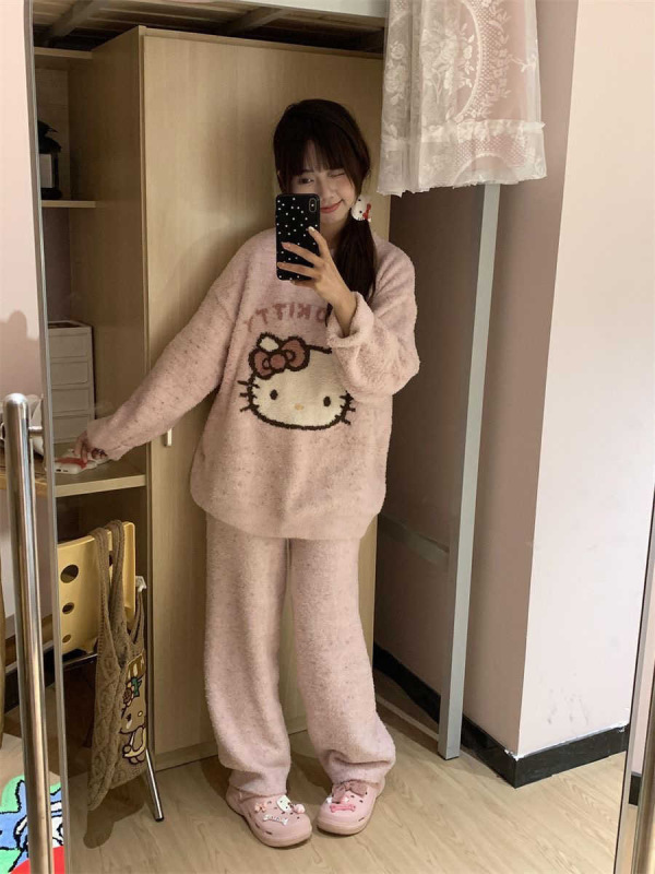 套头睡衣女秋冬季半边绒加厚款新款可爱学生法兰绒家居服套装外穿|undefined