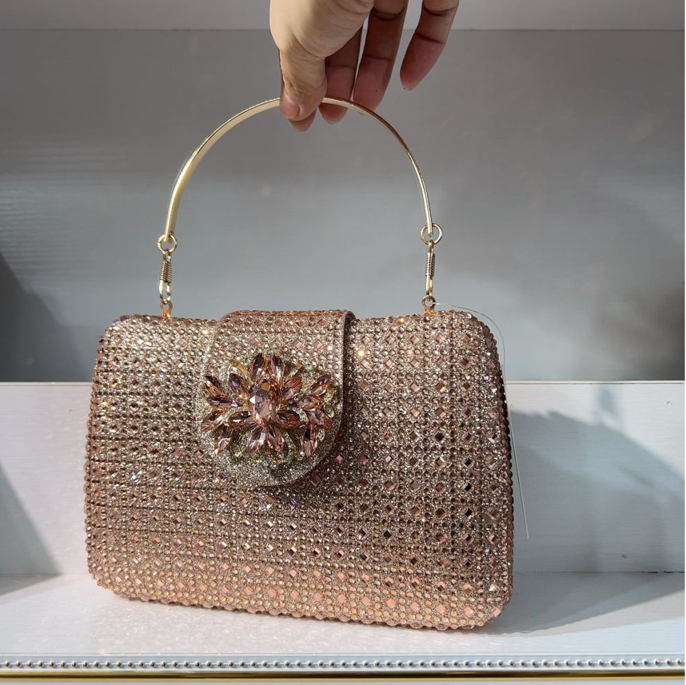 Túi clutch nữ đính đá pha lê dự tiệc sang trọng 19×13.5×4 cm — sâm panh chi tiết 14