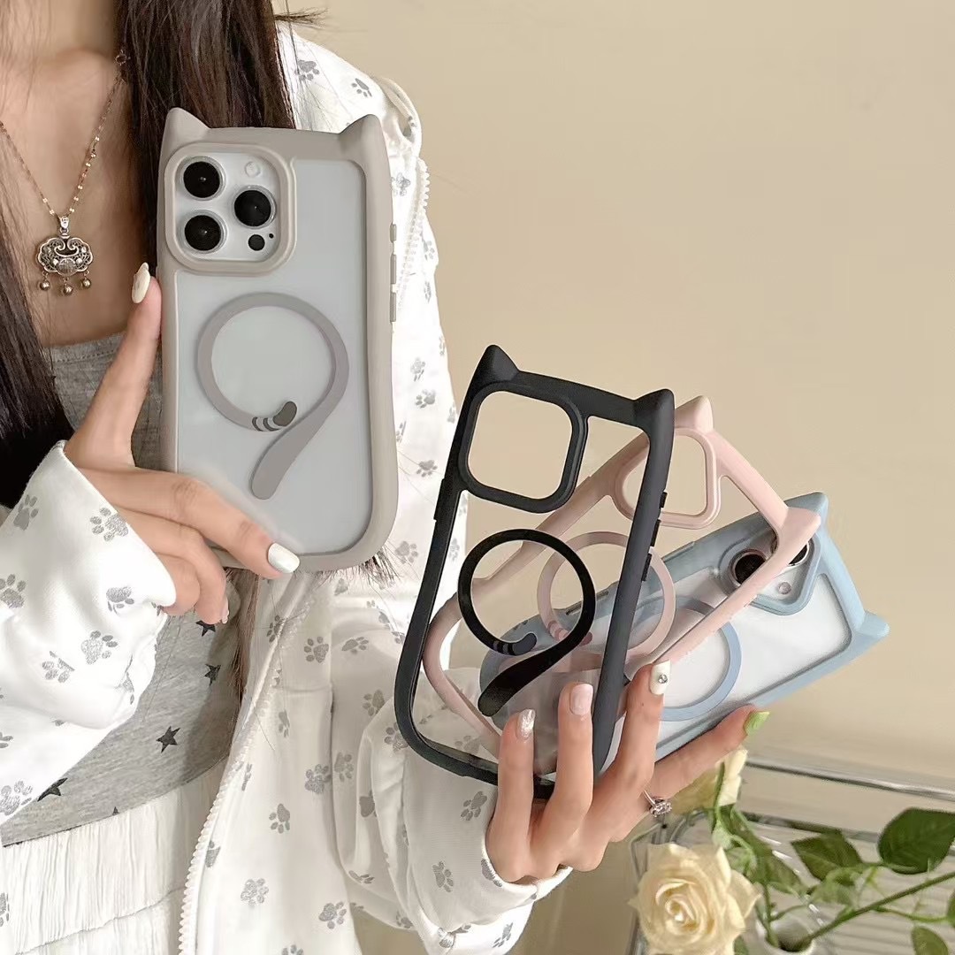 Oreja de gato de dibujos animados atracción magnética transparente para iPhone16ProMax Apple 14/13 funda para teléfono móvil 15P pareja 16 suave