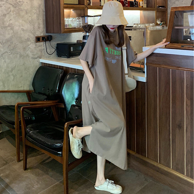Cotton T-shirt dress Short-sleeved Long Summer 2025 New Loose Korean-style Over-the-Knee Long Dress Lazy Skirt Casual Skirt