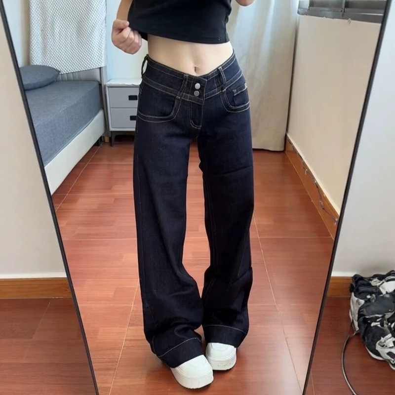 American Retro Style Double Waist Buckle Non-Tight-Fitting Flared Jeans for Women, Winter Niche Slimming Versatile Low-Waist Straight Pants American Retro Style Double Waist Buckle Non-Tight-Fitting Flared Jeans for Women, Winter Niche Slimming Versatile Low-Waist Straight Pants