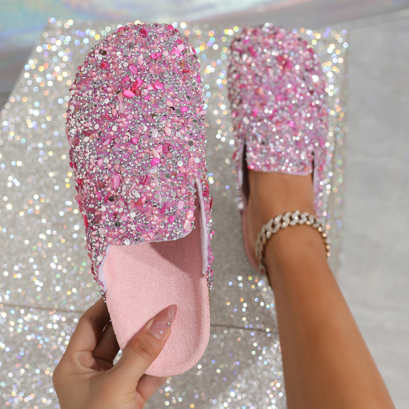 Cross-Border Sequin Slippers for Women, Half-Slipper Style, Adult Comfortable Casual Non-Slip European and American Style Sandals