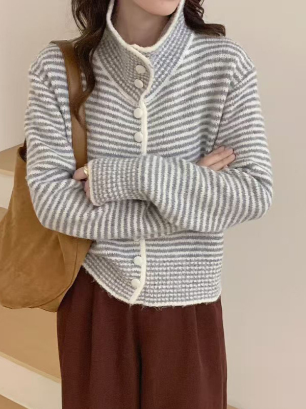 跨境复古条纹翻领毛衣女韩系休闲宽松秋冬新款拼色针织开衫上衣|undefined