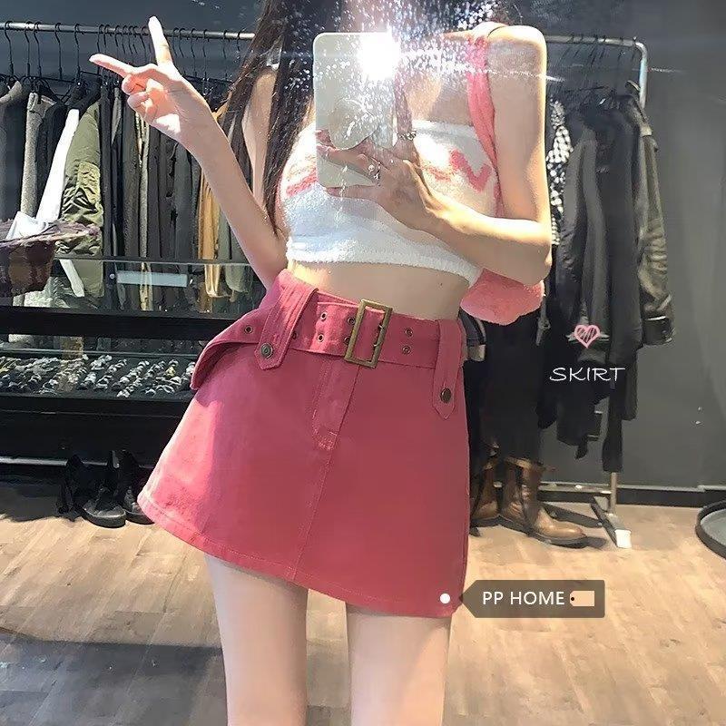 粉色半身裙短裙女2024夏季新款超辣妹高腰显瘦内衬牛仔a字包臀裙