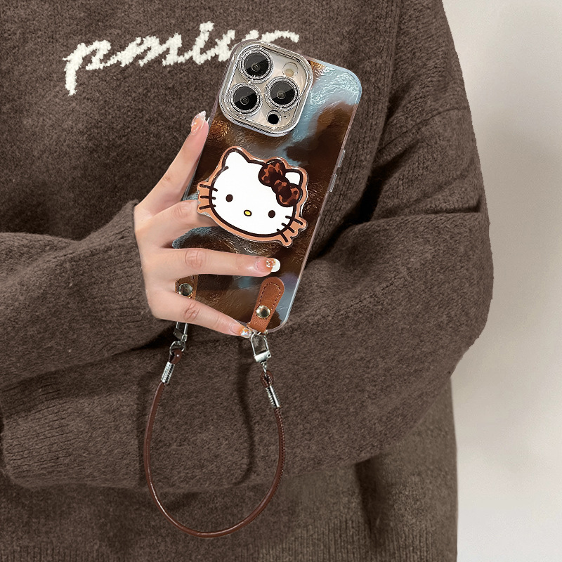 适用苹果16复古手机壳iphone14pro纹kt猫支架挂绳13高级感15max女|undefined