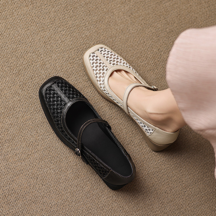 Giày ballet nữ da thật lỗ rỗng phong cách DeTrain phối lưới mùa xuân hè — màu đen, màu trắng ngà chi tiết 30