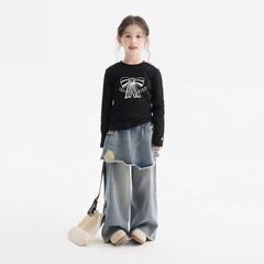 童装女童牛仔裤新款洋气潮流中大童直筒毛边裙裤假两件百搭款