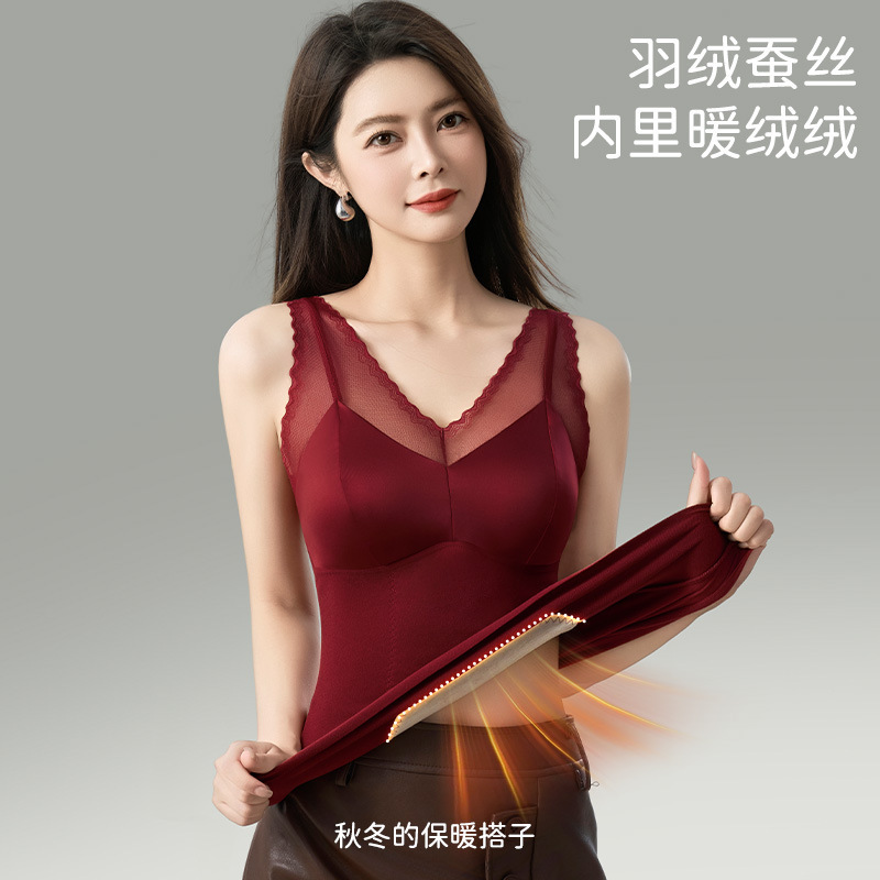 Otoño y invierno satén seda parche chaleco caliente de cuello en V para mujeres con cojín de pecho en una camiseta de estómago cerrada camiseta superior