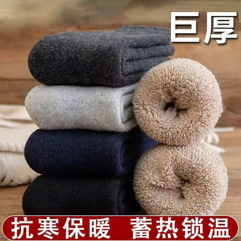 秋冬季男士袜加绒加厚长筒袜老人保暖防寒扎秋裤袜纯色毛圈地板袜