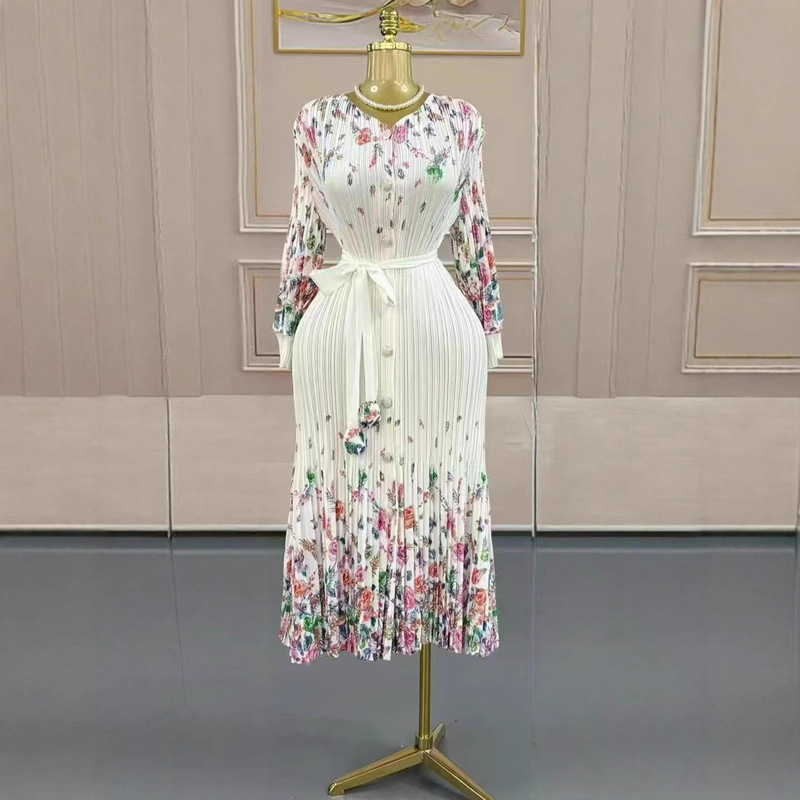 Miyake Cross-Border Printed Fashion Dress 2025 New Button Elegant Loose Autum Slim Mid-Length Dress