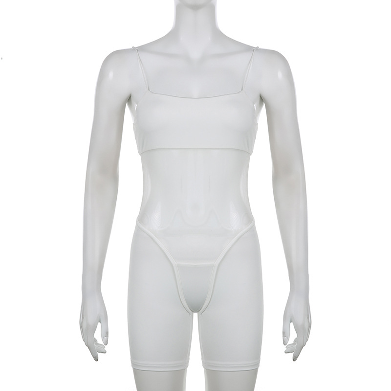 Women Streetwear Special Mesh See through Stitching Hollow Out Cutout Backless Sexy Sling Jumpsuit Summer