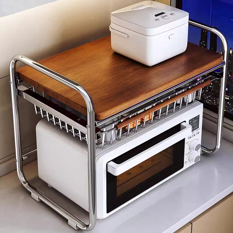 Medieval Style Microwave Oven Rack Kitchen Multi-Functional Countertop Rice Cooker Pot Rack Double-Layer Storage Oven Bracket
