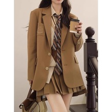 英伦学院风宽松复古西装外套女2024春秋韩版小西服JK百褶裙两件套