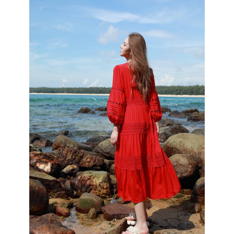 Beach Long-Sleeved Dress Slimming Look 2025 Red V Neck Summer Retro Beach Desert Slim Vacation Long Dress F966