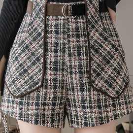 格子毛呢短裤女2025冬季新款高腰韩版显瘦百搭休闲阔腿裤外穿靴裤
